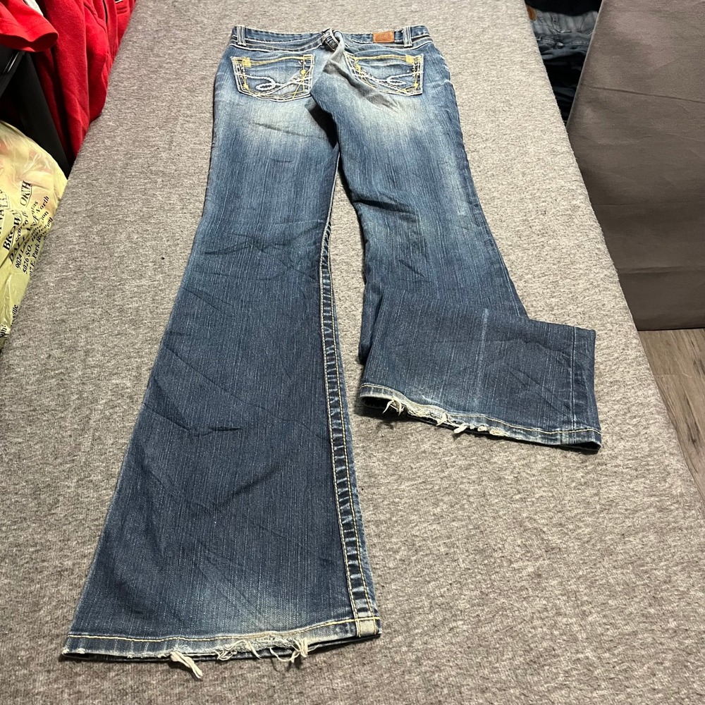 BKE Denim Men Flare Leg Jeans 26x35.5 Medium Wash Embroidered Distressed Hem